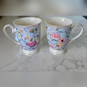 Grace Teaware Blue Floral Coffee‎ Tea Mugs Gold Rim Fine Porc China Set Of 2
